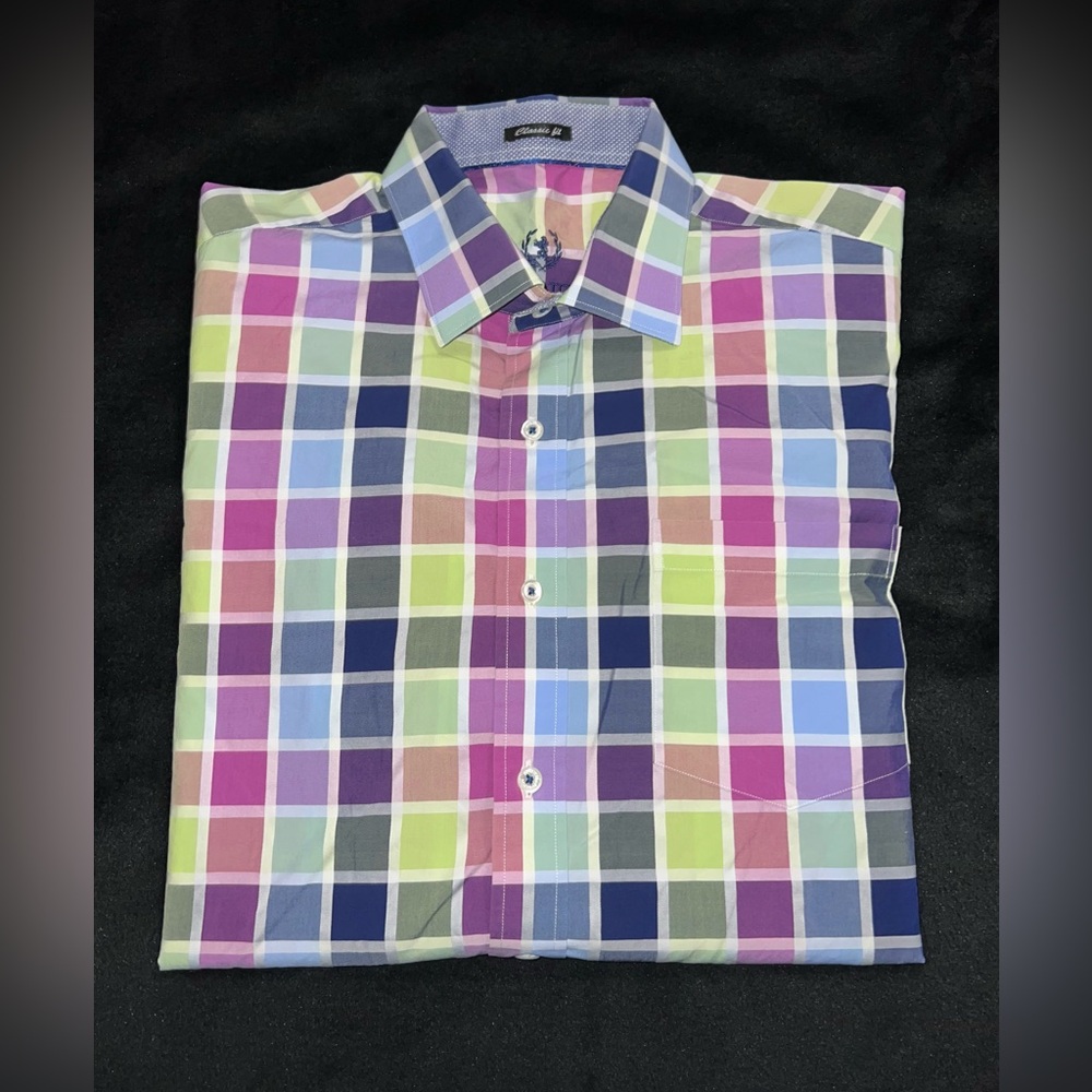 BUGATCHI Classic Fit Multicolored Checkered Flip Cuff Camp Dress Shirt Size LG